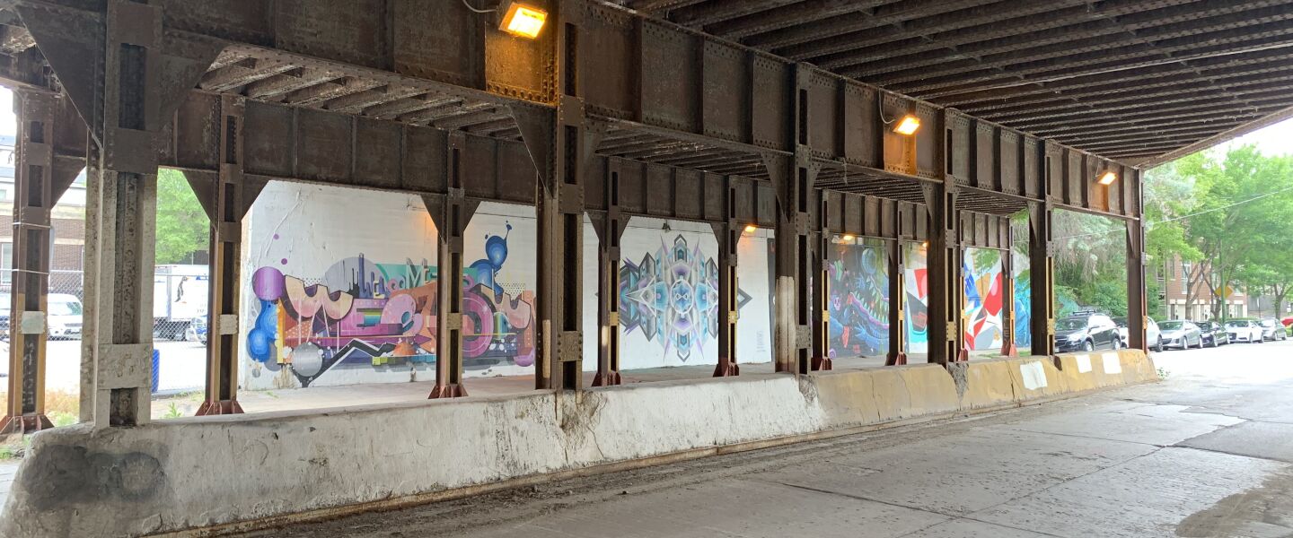 Another cluster of murals in the viaduct where “fnnch” painted his honey bears and the Chicago Truborn gallery finds space for artists to create public art.