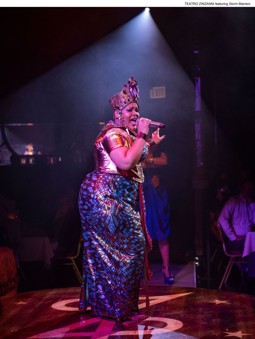 The powerhouse vocals of Cleopatra (Storm Marrero) added concert vibes to the acrobatic cirque and comedy of Teatro Zinzanni, a 2 1/2-hour feast for the senses running through Nov. 28 at the downtown Cambria Hotel. Cleopatra is now being played by Liv Warfield, former vocalist for 3rdEyeGirl, the group created by the late artist Prince.