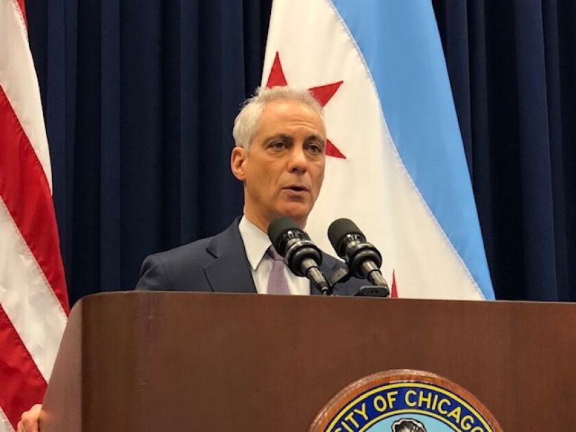 Mayor Rahm Emanuel takes questions from reporters after his last major speech as mayor outlining his ideas to help fix the city’s pension crisis. | Fran Spielman/Sun-Times