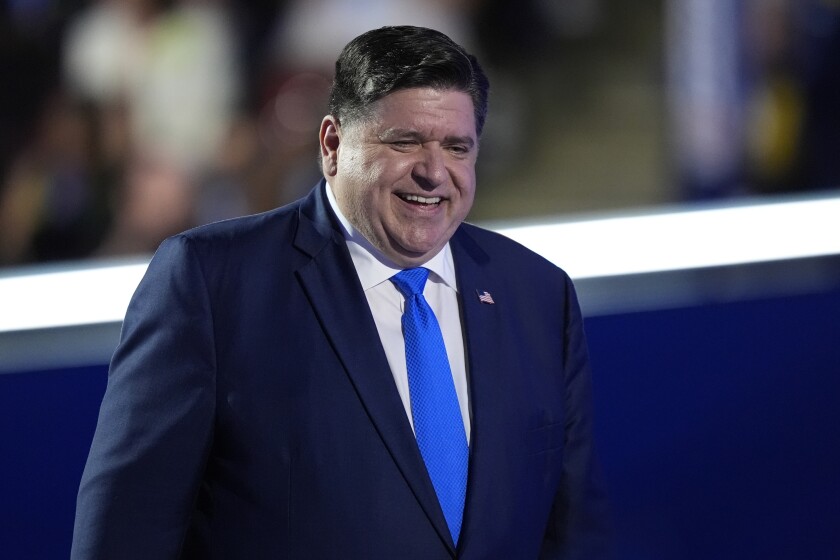 Illinois Gov. JB Pritzker speaks at the Democratic National Convention in Chicago in August 2024. In this year