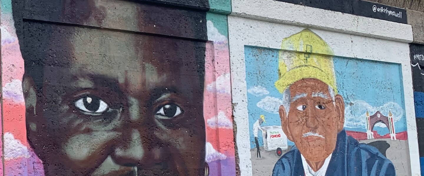 The mural at left featuring the late Chicago actor/comedian Bernie Mac is by artist Stephanie Garland, who goes by Stef Skills. “When I think of Chicago, I think of his spirit and his smile and his sense of humor,” says Garland, 50. At right is a mural by Hermosa artist Erik Salgado featuring beloved Little Village paletero Fidencio Sanchez. When he died in 2019 at 92,