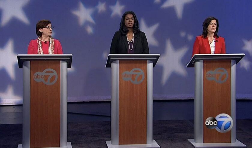 State’s attorney candidates, from left, Donna More, Kim Foxx and Anita Alvarez at a debate last month. | ABC7 Chicago