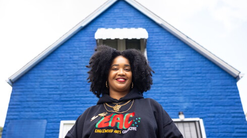 2025 MacArthur Genius Grant winner Tonika Lewis Johnson stands at the site of her “unBlocked Englewood” neighborhood beautification project on the 6500 block of S. Aberdeen St. on the South Side, Tuesday, Oct. 7, 2025.