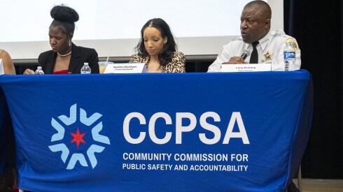 CPD Supt. Larry Snelling answers questions at a meeting of the Community Commission for Public Safety and Accountability at Thomas Kelly College Preparatory High School, 4136 S. California Ave., on Thursday, April 2, 2026.