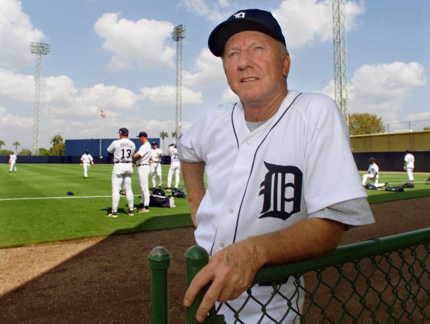 Tigers legend Al Kaline poses at the team’s spring training camp in Lakeland, Fla., in 2000.