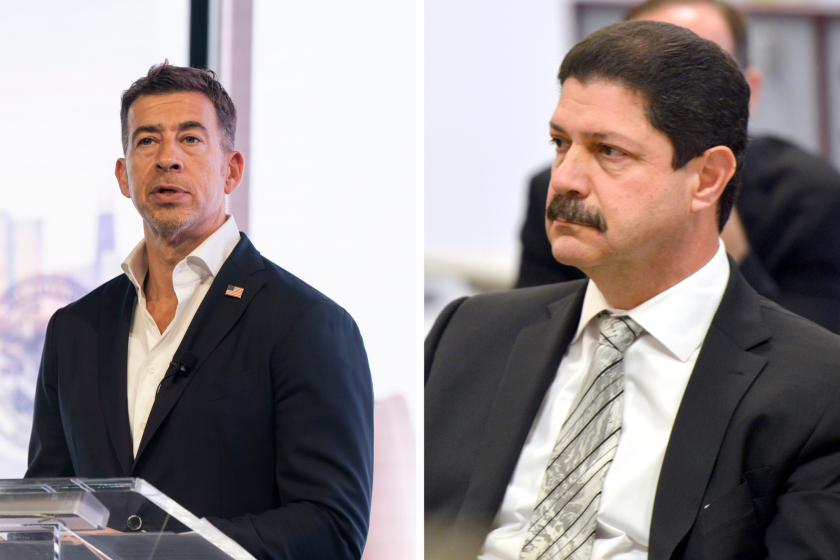 From left, Illinois Secretary of State Alexi Giannoulias and his campaign donor Perry Mandera.
