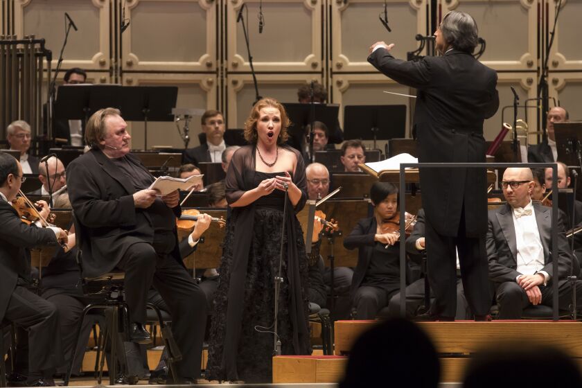 Actor Gerard Depardieu (left) and mezzo-soprano Sasha Cooke with Maestro Riccardo Muti conducting the Chicago Symphony Orchestra and Chorus in Prokofiev’s “Ivan the Terrible.” (Photo: Todd Rosenberg Photography)