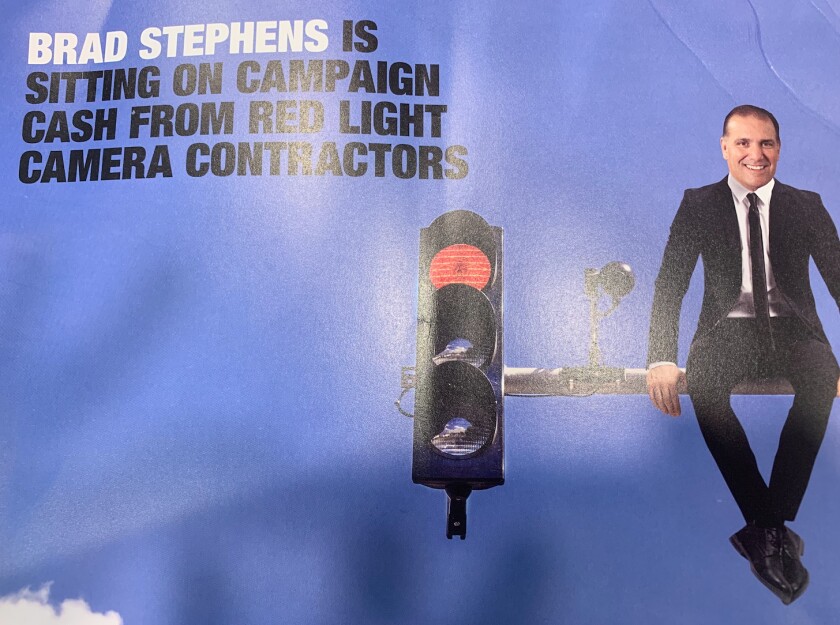 One of several campaign fliers sent by the Illinois Democratic Party to potential voters, taking aim at GOP state Rep. Bradley Stephens over donations he accepted from a red-light camera contractor.