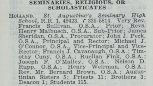 The Official Catholic Directory entry that shows the Rev. Nelson Daniel Rupp assigned to the St. Augustine high school seminary.