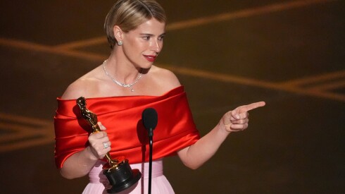Jessie Buckley accepts the award for actress in a leading role for "Hamnet" during the Oscars on Sunday, March 15, 2026, at the Dolby Theatre in Los Angeles. (AP Photo/Chris Pizzello)