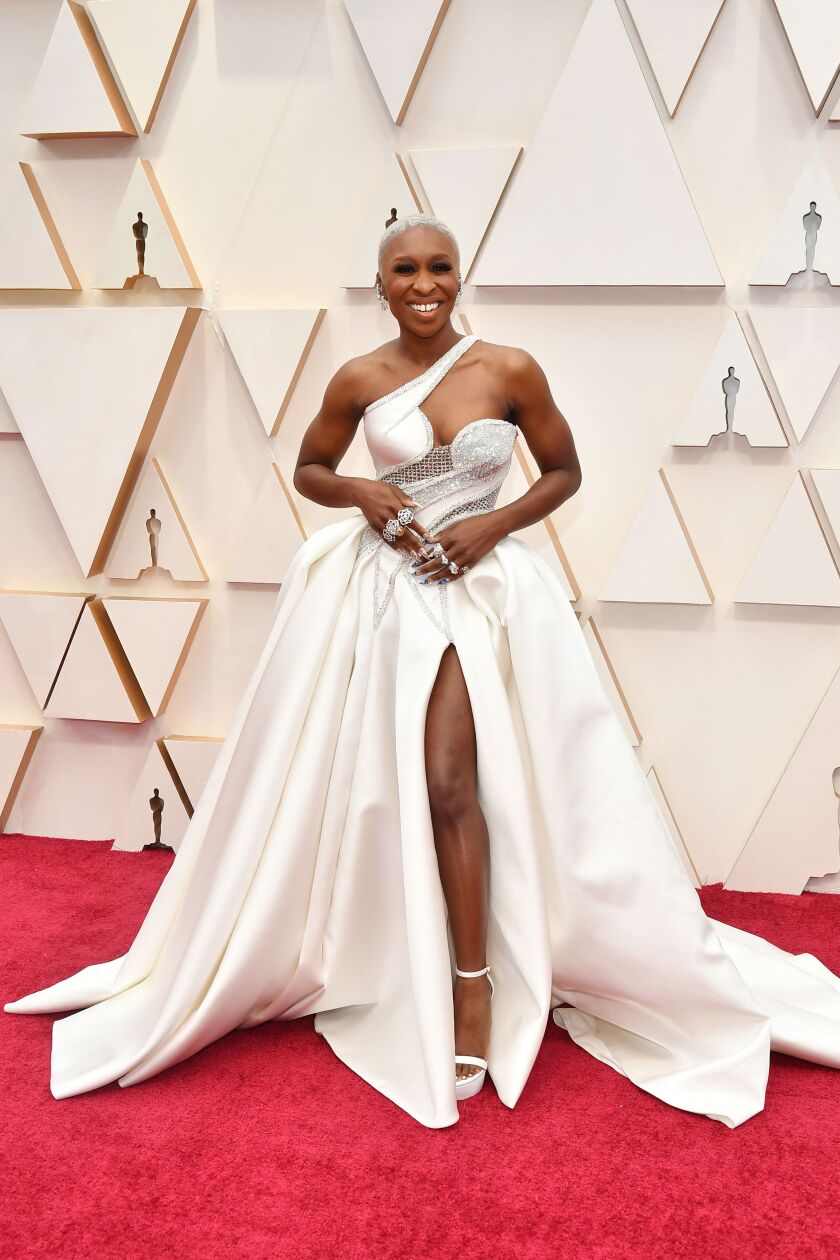 Cynthia Erivo wears an Atelier Versace ballgown on the red carpet at the 92nd Annual Academy Awards on Sunday night.