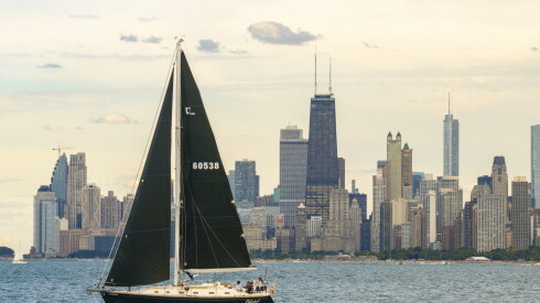 A sailboat travels along Lake Michigan near Montrose Harbor on June 19.