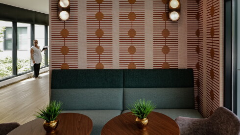 There are lively and nicely appointed lounge areas in the building.