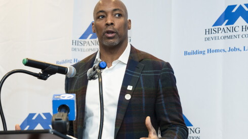Chicago Housing Authority Operating Chairman Matthew Brewer speaks during the ribbon cutting ceremony at 1237 N. California Ave. in Humboldt Park, Wednesday, Feb. 11, 2026.