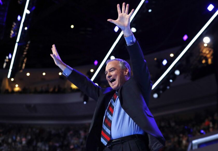 Democratic vice presidential candidate, Sen. Tim Kaine, D-Va., waves after speaking to delegates during the third day session of the Democratic National Convention in Philadelphia, Wednesday, July 27, 2016. | Carolyn Kaster/AP