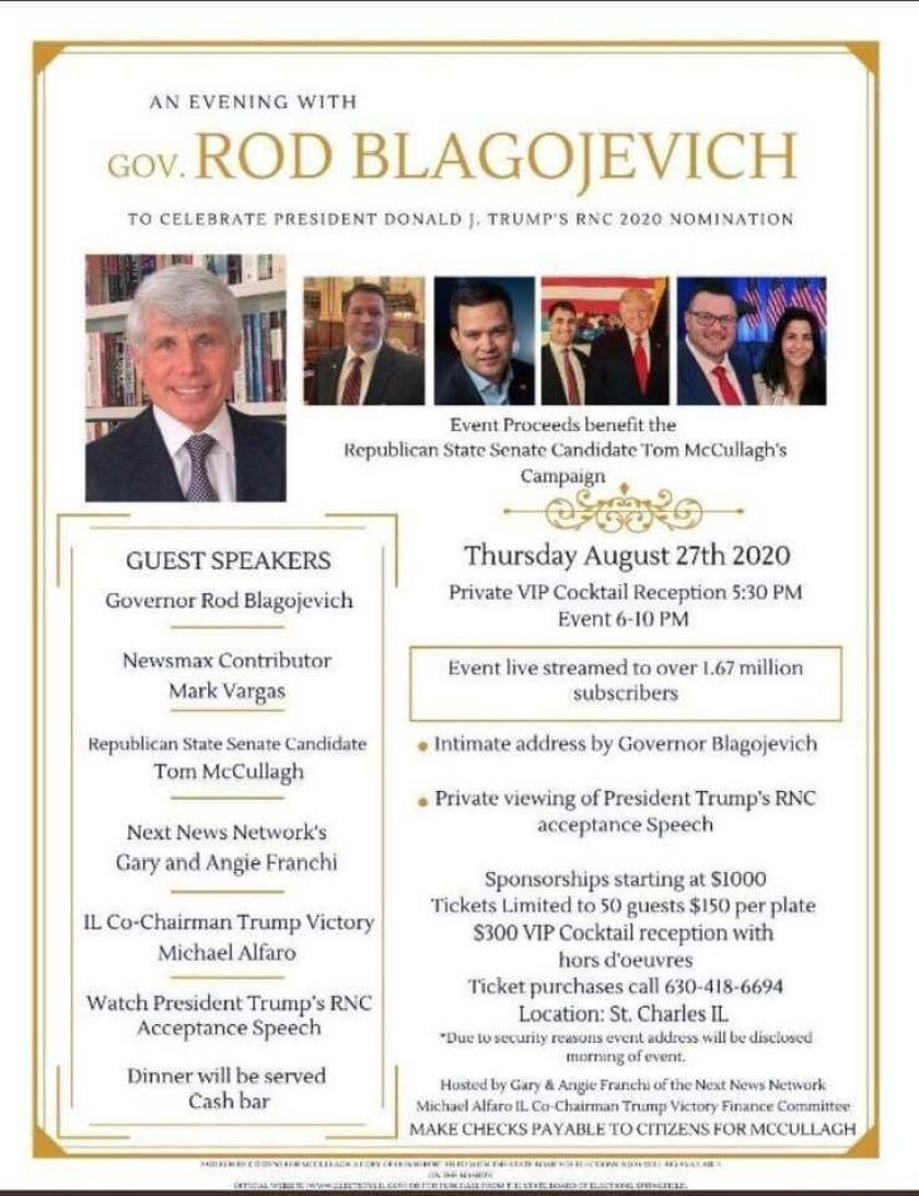 A flyer for an Aug 27 fundraiser featuring ex-Illinois Gov. Rod Blagojevich.