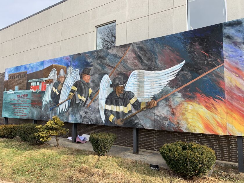 This mural honors three Chicago firefighters who died in 1985.