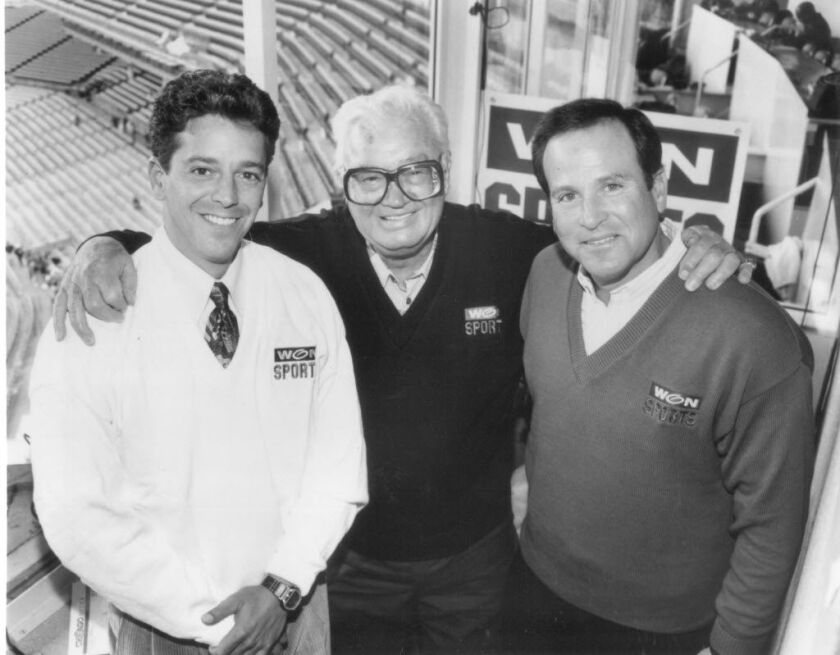Stone with Thom Brennaman and Harry Caray. Stone and Caray broadcasted together from 1983 until Caray’s death in 1998.