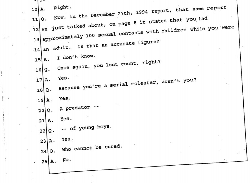 A portion of a court transcript showing Vincent McCaffrey being questioned during his child pornography trial by federal prosecutor T. Markus Funk.