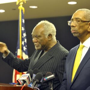 Congressmen Danny K. Davis, left, and Bobby Rush speak at a news conference in 2012.