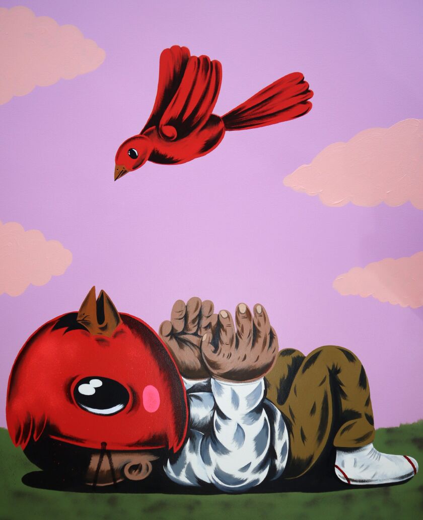 The origin story of Bird City Saint is revealed in a new exhibit, “Sentrock: The Boy Who Wanted to Fly,” at the Elmhurst Art Museum. 