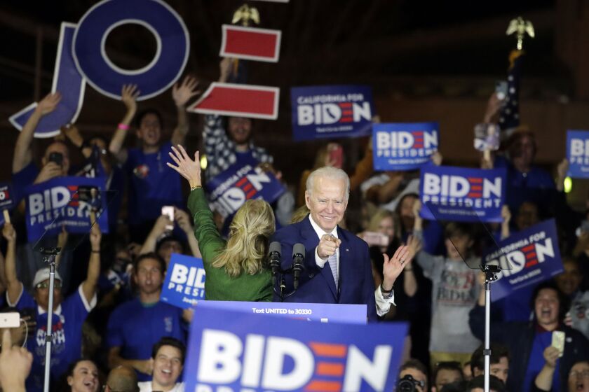Democratic presidential candidate former Vice President Joe Biden speaks at a campaign rally Tuesday in Los Angeles.
