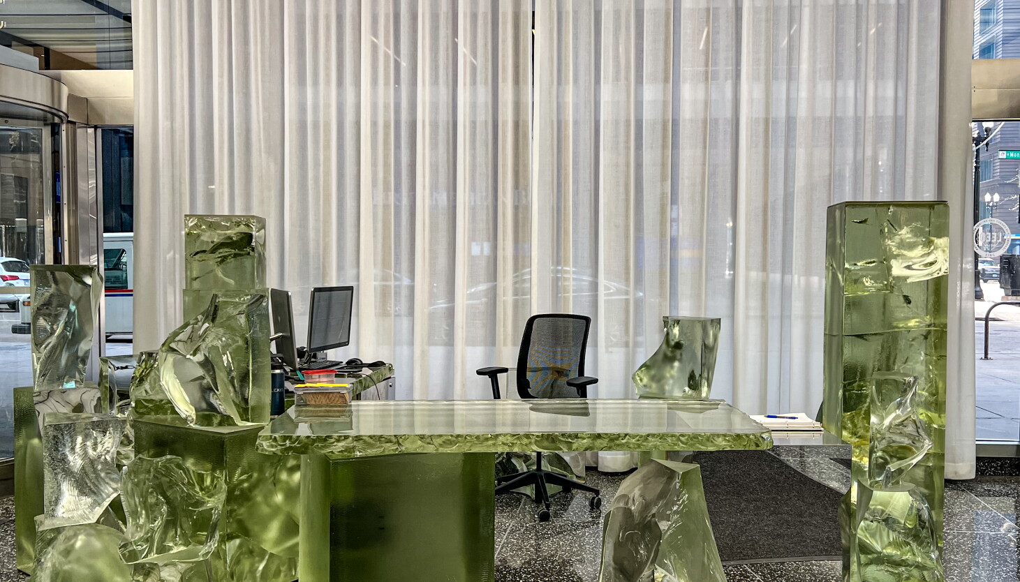 Loop Words Transports A Loop glass desk designed by Frank Gehry — all 7 tons of it — heads to ...