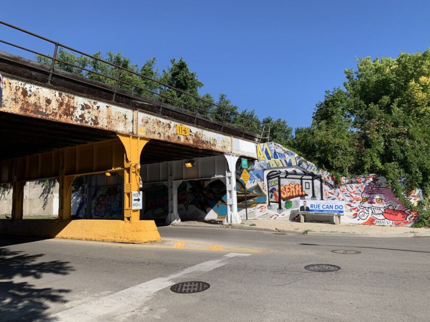 The North Side rail viaduct where Jeff Pak and other artists painted murals this summer.