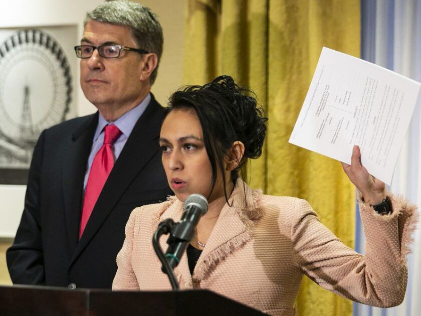 Gloria Schmidt, attorney for Olabinjio and Abimbola Osundairo, announces the filing of a federal lawsuit claiming defamation in the Jussie Smollett case, during a press conference at the Union League Club, Tuesday morning, April 23, 3019. | Ashlee Rezin/S