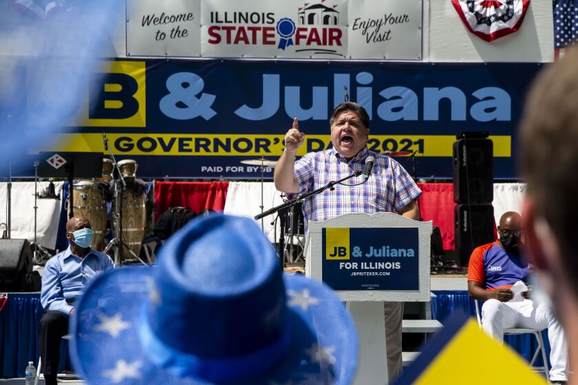 Gov. J.B. Pritzker speaks during Governor’s Day at the Illinois State Fair on Wednesday.