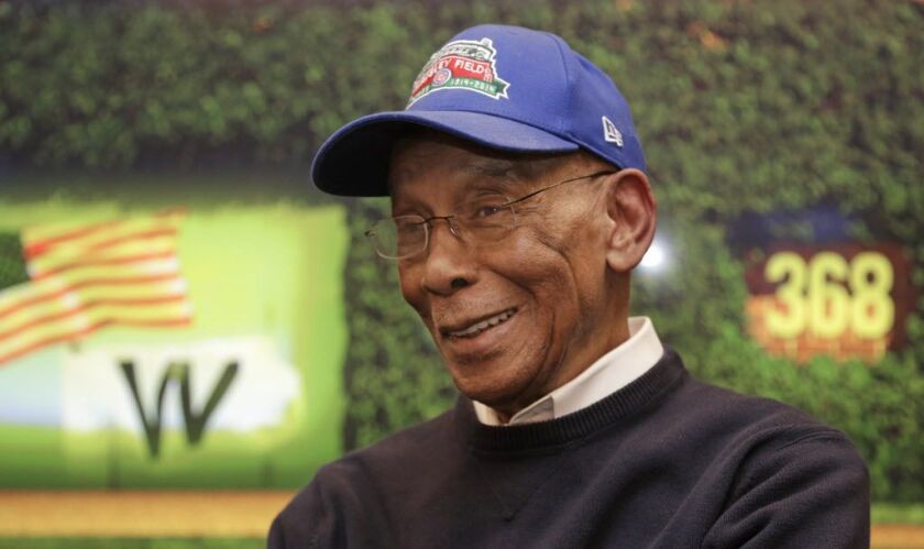 In this March 24, 2014, photo Chicago Cubs’ Hall of Famer Ernie Banks talks during an interview at the Cubs offices in Chicago. (AP Photo/M. Spencer Green)
