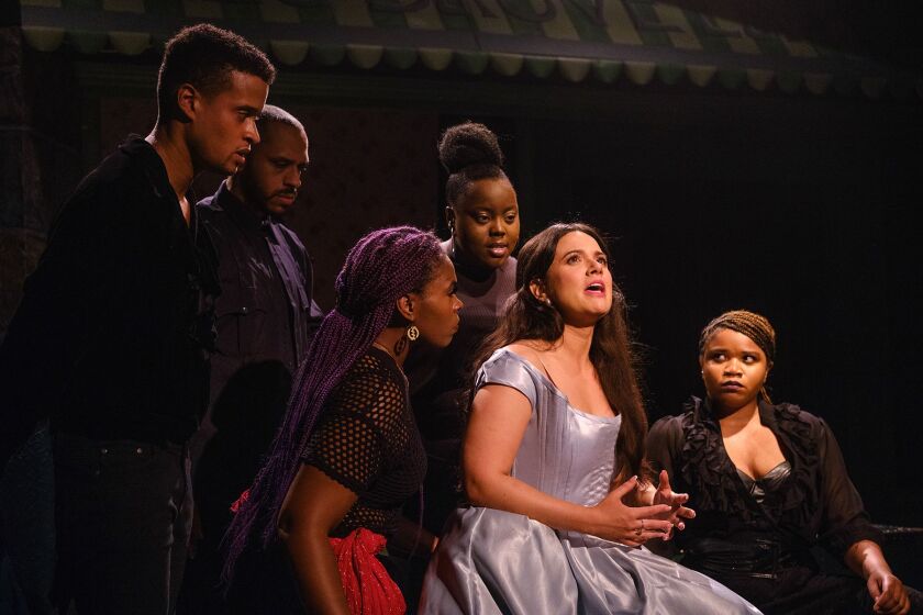Keith Illidge, Nathaniel Andrew, Maya Vinice Prentiss, Danyelle Monson, Brenna DiStasio and Amber Washington in The Story Theatre’s Chicago premiere of Marie Antoinette and the Magical Negroes.