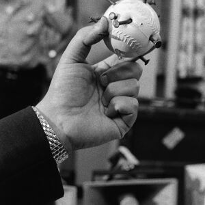 Police show a spiked ball they said was used by demonstrators to throw at police. | Sun-Times files