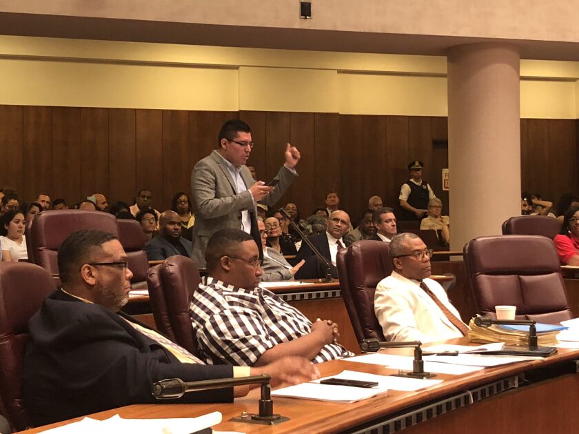 Ald. Carlos Ramirez-Rosa (35th) speaks against a $20 million funding appropriation toward a new police and fire training academy. | Mitchell Armentrout/Sun-Times