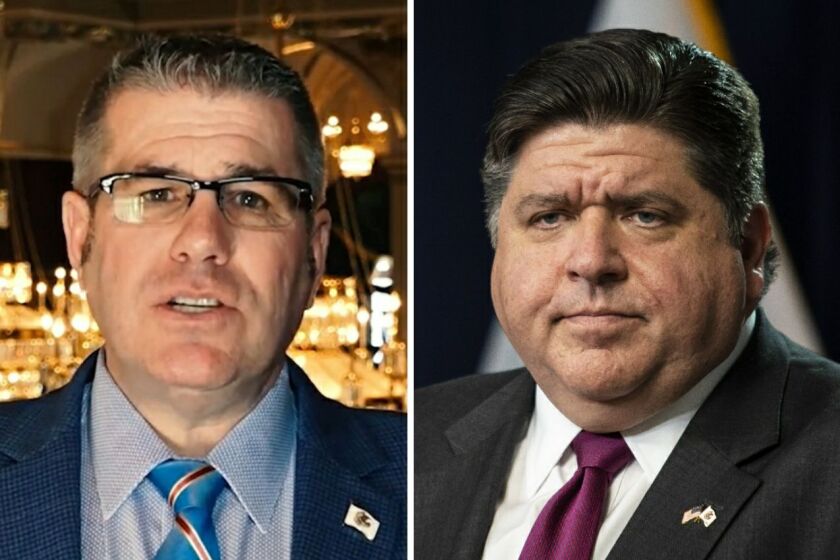 State Rep. Darren Bailey, left, at the state Capitol in Springfield in 2020; Gov. J.B. Pritzker, right, at the Thompson Center in 2020.