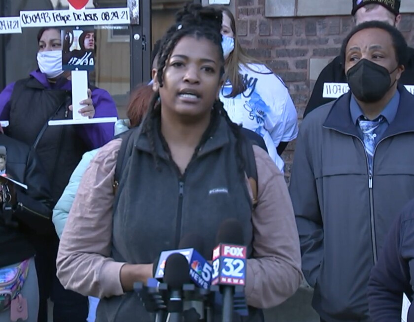 Angela Gregg speaks at a Saturday news conference alongside Mayor Lori Lightfoot, pleading for the public’s help in finding the people who fatally shot her 4-year-old son Mychal Moultry Jr.