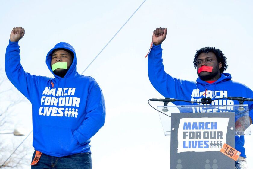 D’Angelo McDade, left, and Alex King, both from North Lawndale College Prep, spoke at the March for Our Lives in Washington, D.C. in May. | AP file photo