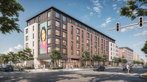 A rendering of buildings planned at the former LeClaire Courts property shows a view northwest from Cicero Avenue and 45th Street.