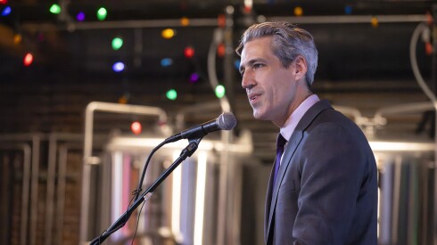 Daniel Biss at his speaks at his election night watch party in Evanston