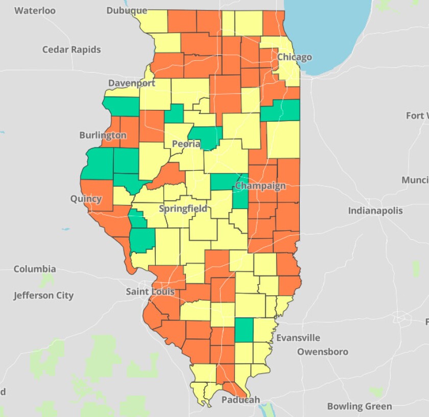 COVID-19 transmission is considered high in counties marked orange, medium in those marked yellow and low in those marked green.