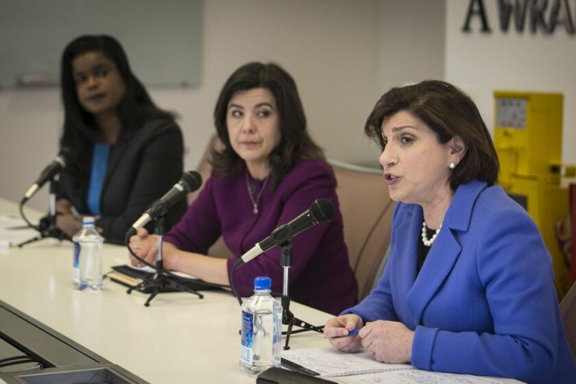 Cook County State’s Attorney Anita Alvarez, center, and her opponents in the 2016 Democratic primary election.