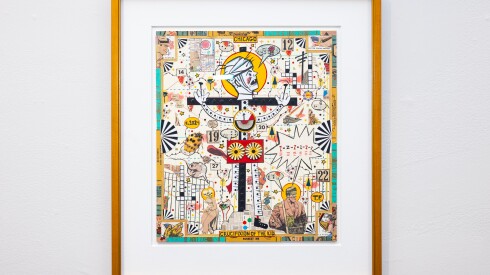 Tony Fitzpatrick’s “The Crucifixion of the Kid” drawing collage hangs on view at the West Town Chamber of Commerce on Saturday, Dec. 19, 2025.