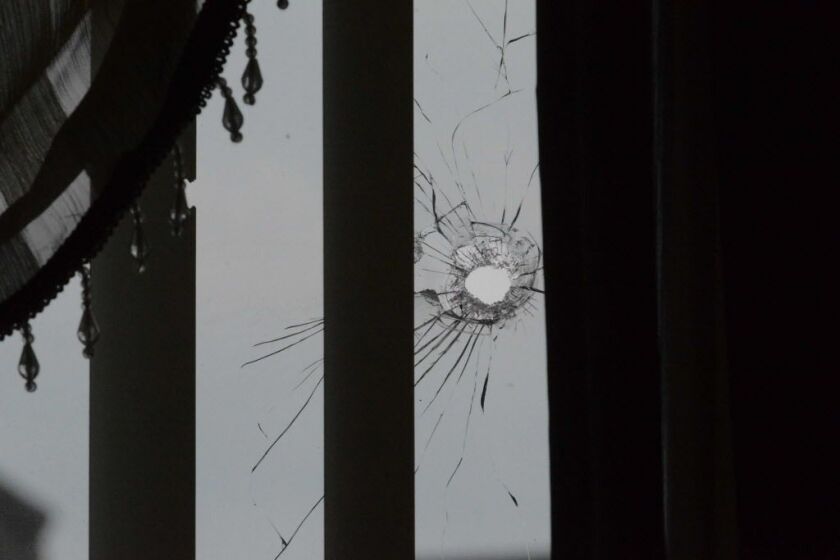 A bullet hole in a window in the 3500 block of West Van Buren on Sunday. | Brian Jackson/For the Sun-Times