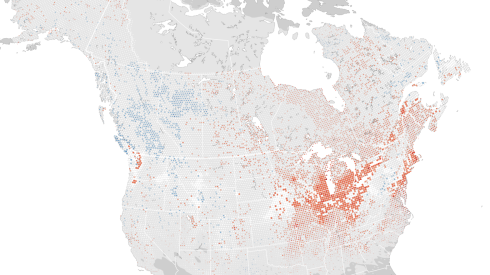 A map showing, in red, where there were significant declines in the robin population from 2012 to 2022.