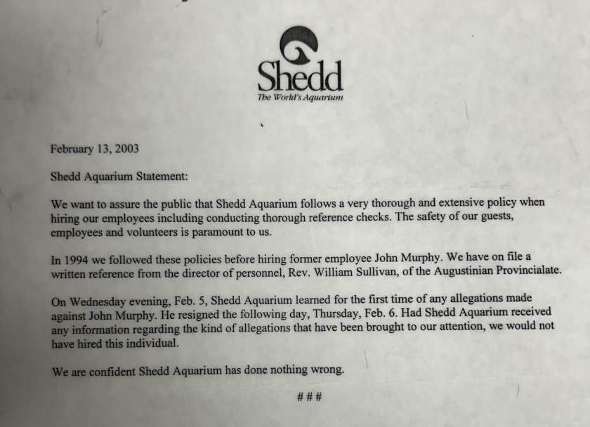 Una declaración del Acuario Shedd de 2003 que muestra que los Agustinos del área de Chicago avalaron que un sacerdote pedófilo acusado, John D. Murphy, trabajara allí.