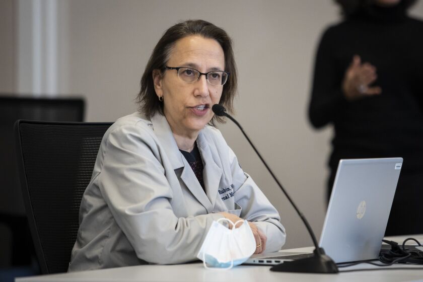 Dr. Rachel Rubin, co-lead and senior medical officer for the Cook County Department of Public Health, addresses the details of the COVID-19 vaccine distribution plan for suburban Cook County during a discussion at the Cook County Health Professional Building, Monday afternoon, Dec. 14, 2020. | Ashlee Rezin Garcia/Sun-Times
