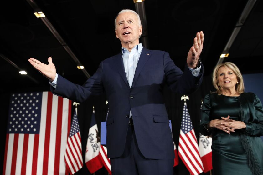 Democratic presidential candidate former Vice President Joe Biden at a caucus night campaign rally with Jill Biden.