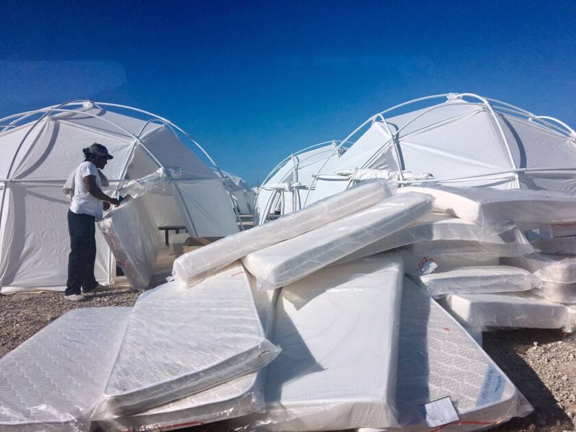 This photo provided by Jake Strang shows mattress and tents set up for attendees of the Fyre Festival in the Exuma islands, Bahamas. | Jake Strang, distributed by the Associated Press