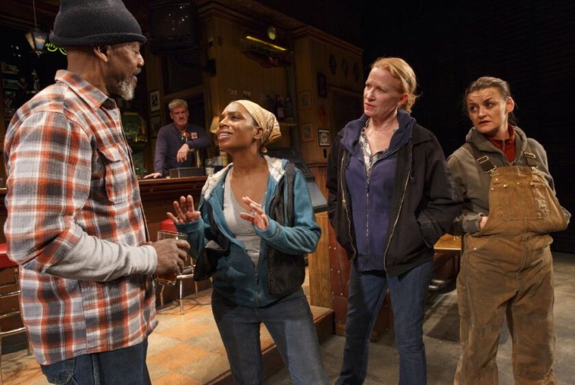 John Earl Jelks (foreground, from left) Michelle Wilson, Johanna Day and Alison Wright during a performance of Lynn Nottage’s play, “Sweat,” at Studio 54 in New York. The play was awarded a Pulitzer Prize for drama on Monday, April 10, 2017. (Joan Marcus/
