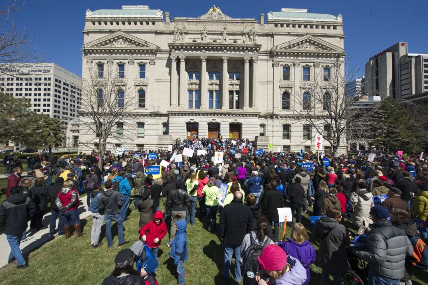 <small><strong>Thousands of opponents of Indiana Senate Bill 101, the Religious Freedom Restoration Act, gathered on the lawn of the Indiana State House to rally against that legislation Saturday, March 28, 2015. Indiana’s law has been widely criticized b